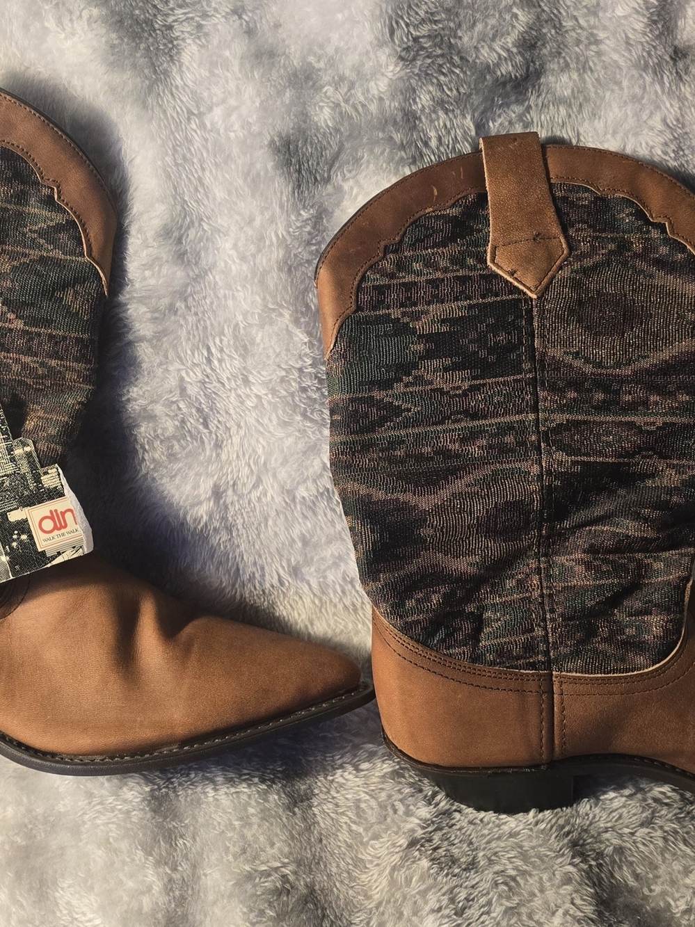 Dingo Brown Leather & Patterned Shaft Western Boots Vintage 80's